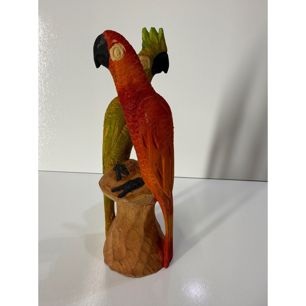 Hand Carved Wood Parrot Figurine Tropical Bird Folk Art Statue Red Green 8.5"